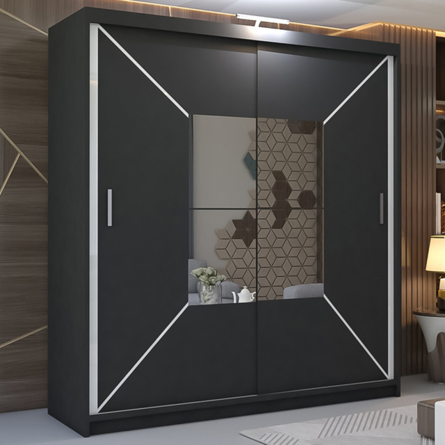 M N Furniture Nicle 2 Door Black Mirrored Sliding Wardrobe 203cm - image 1