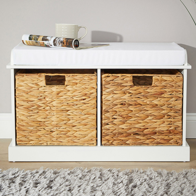 Home Source Lapworth 2 Seater Padded Bench with Wicker Storage Baskets - image 1