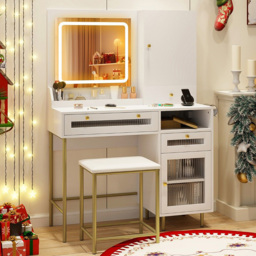 Costway White 2 Drawer Dressing Table and Chair Set with LED Mirror - thumbnail 1