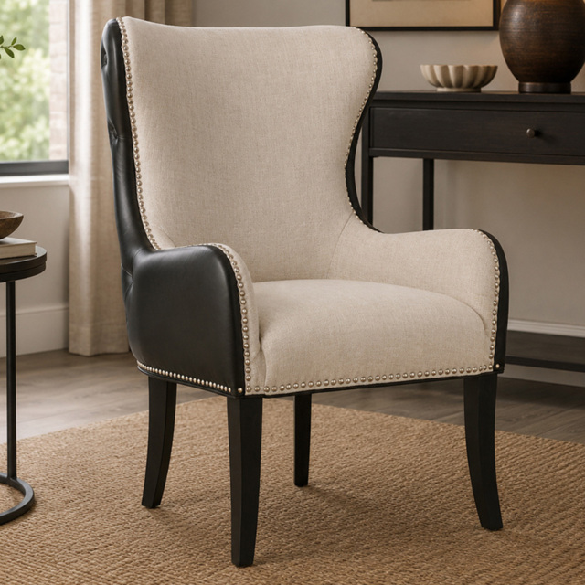 Premier Housewares Doucet Natural Fabric and Black Leather Effect Back Armchair - image 1