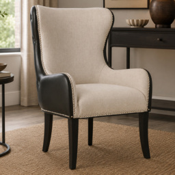 Premier Housewares Doucet Natural Fabric and Black Leather Effect Back Armchair - thumbnail 1