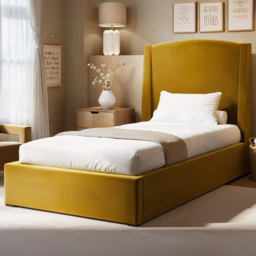 SOLACE+CO Blaine Gold Single Velvet Ottoman Bed with Winged Headboard