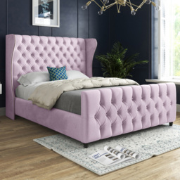 Donati Pink Small Double Velvet Upholstered Bed Frame with Straight Curved Top Headboard