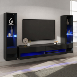 GFW Galicia 10 Shelf Black Wall Mounted LED Full Media Set