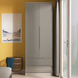 Crowndale Milan Grey Gloss and Grey Oak 2 Drawer Tall Double Wardrobe Ready Assembled