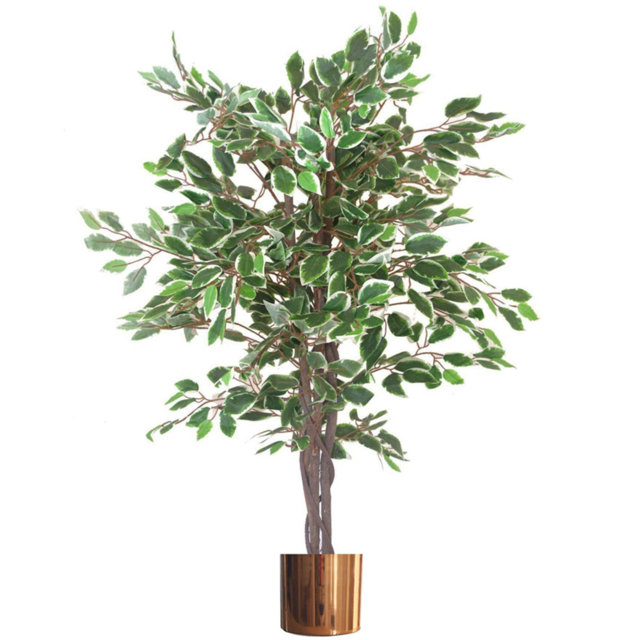 Leaf White Edge Twist Ficus Leaf Artificial Plant with Copper Metal Planter 130cm - image 1