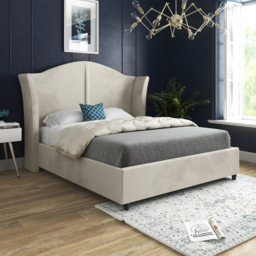 Zampa Double Silver Soft Velvet Upholstered Bed Frame with Curved Winged Headboard