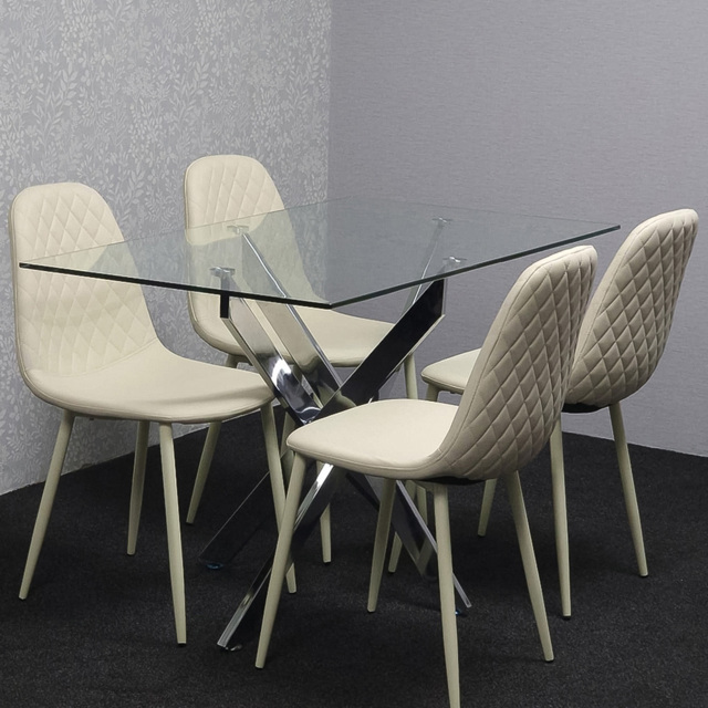 Kosy Koala 4 Seater Glass and Cream Rectangular Dining Table Set Chrome and Cream - image 1