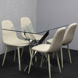 Kosy Koala 4 Seater Glass and Cream Rectangular Dining Table Set Chrome and Cream