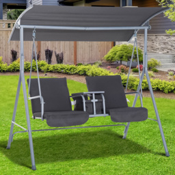 Outsunny 2 Seater Grey Steel Swing Chair with Table and Canopy