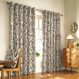 furn. Reno Charcoal and Gold Geometric Eyelet Curtain 168 x 183cm
