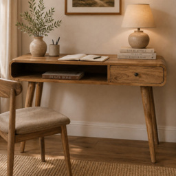 Artisan Furniture Oak-ish Single Drawer Single Shelf Solid Wood Curved Writing Desk