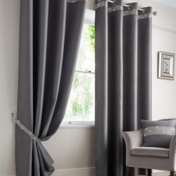 Alan Symonds Palace Plain Thermal Ring Top Eyelet Curtains with Diamante Band Silver 228 x 228cm