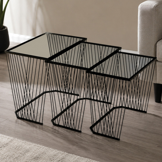 Premier Housewares Trento Black Metal Open Wire Frame Glass Top Nest of Tables Set of 3 - image 1