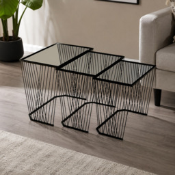 Premier Housewares Trento Black Metal Open Wire Frame Glass Top Nest of Tables Set of 3 - thumbnail 4
