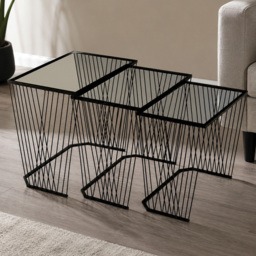 Premier Housewares Trento Black Metal Open Wire Frame Glass Top Nest of Tables Set of 3