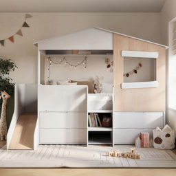 Flair Dreamland White and Oak Play House Mid Sleeper with Slide and Storage