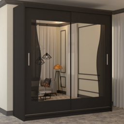 M N Furniture Banton 2 Door Black Curved Mirrored Sliding Wardrobe 150cm