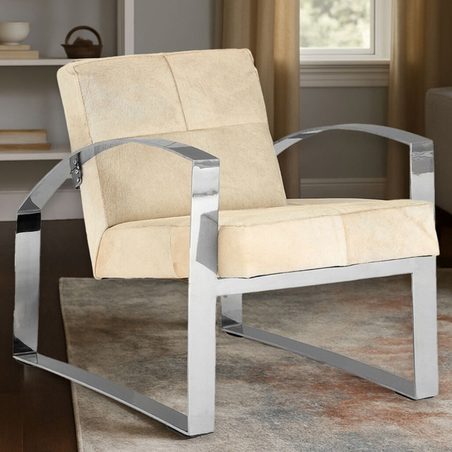 Premier Housewares Kensington Townhouse Hairon Cream Leather Accent Chair with Steel Legs - image 1
