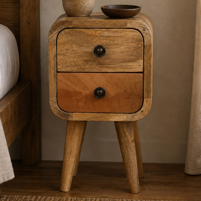 Artisan Furniture Oak-ish 2 Drawer Solid Wood Extra Mini Curved Bedside Table - image 1