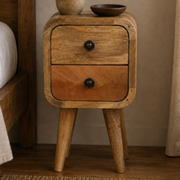 Artisan Furniture Oak-ish 2 Drawer Solid Wood Extra Mini Curved Bedside Table - thumbnail 1