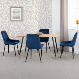 Seconique Hamilton Avery Oak Effect Velvet 4 Seater Dining Table Set Sapphire Blue