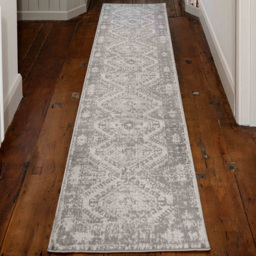 Kukoon Bordered Geometric Distressed Silver Grey Rug 240 x 60cm - thumbnail 2