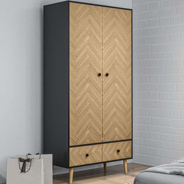 Portland 2 Door 2 Drawer Natural Wood and Black Wardrobe - image 1