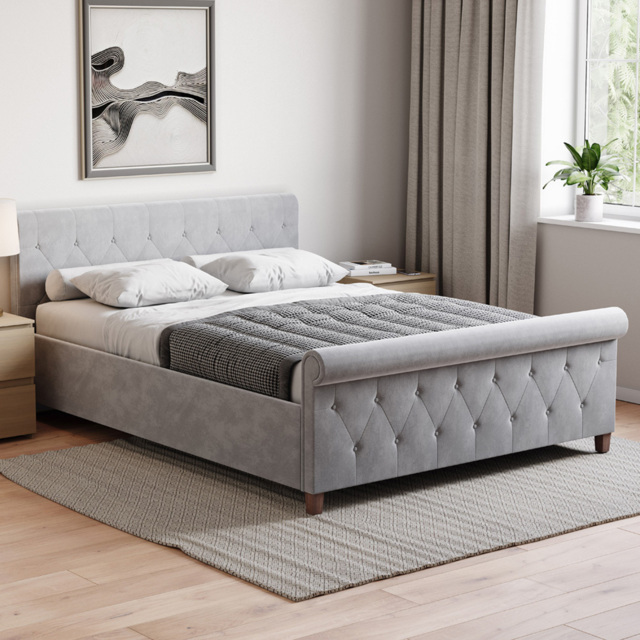 Vida Designs Vittorio Double Light Grey Velvet Bed with Gel Memory Foam Mattress - image 1
