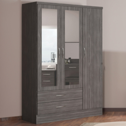 Seconique Nevada 3 Door 2 Drawer Black Wood Grain Mirrored Wardrobe