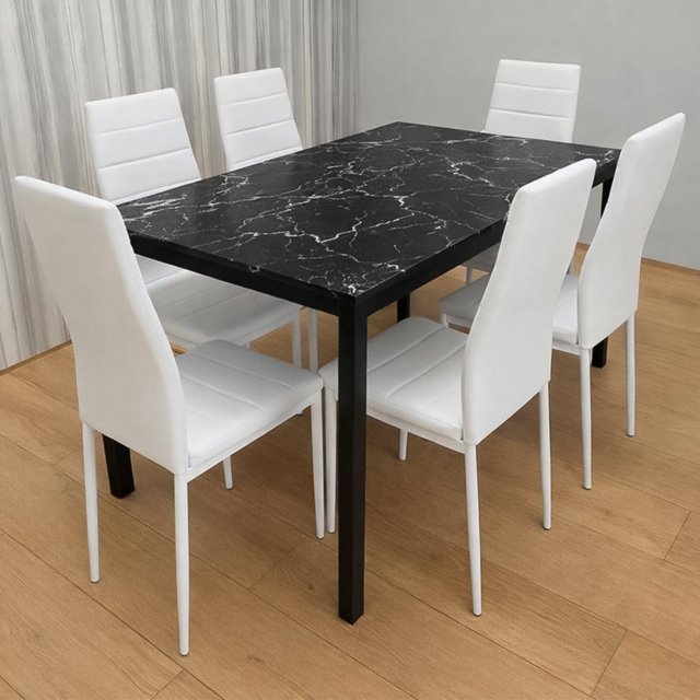 Portland Marble Effect Faux Leather 6 Seater Dining Set Black and White - image 1