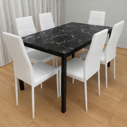 Portland Marble Effect Faux Leather 6 Seater Dining Set Black and White - thumbnail 1