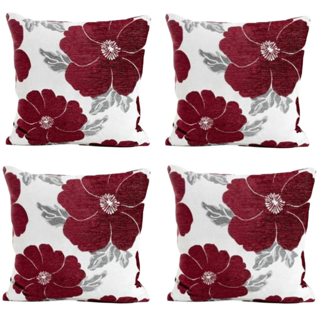 Alan Symonds Chenille Aubergine Poppy Floral Cushion with Polyester Filled Pad 45 x 45cm 4 Pack