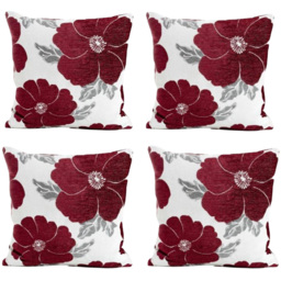 Alan Symonds Chenille Aubergine Poppy Floral Cushion with Polyester Filled Pad 45 x 45cm 4 Pack