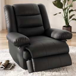 Rattrix PU Leather Black Manual Reclining Chair with Padded Backrest and Retractable Footrest - thumbnail 1