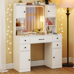 Costway White 5 Drawer 2 Door Makeup Table with LED Mirror