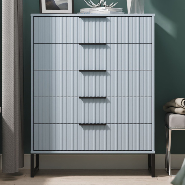 Crowndale Fluted 5 Drawer Denim Blue Chest of Drawers Ready Assembled - image 1