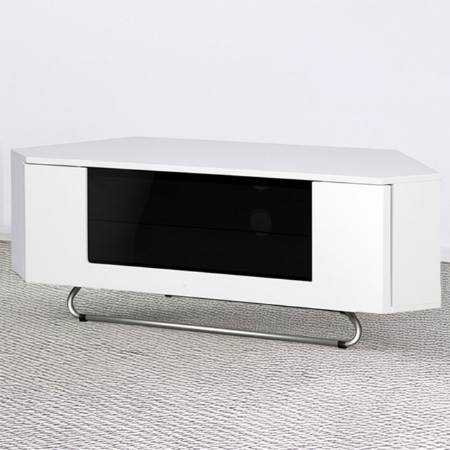 Centurion Supports Hampshire Single Door Black and White Beam-Thru Remote Friendly Corner TV Unit - image 1