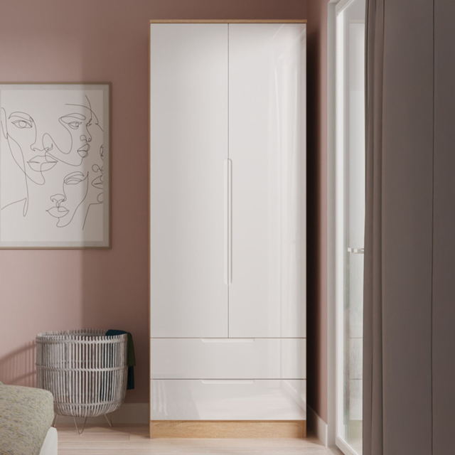 Crowndale Milan White Gloss and Bardolino Oak 2 Drawer Tall Double Wardrobe Ready Assembled - image 1