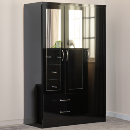 Seconique Nevada 3 Door 2 Drawer Black Gloss Mirrored Wardrobe