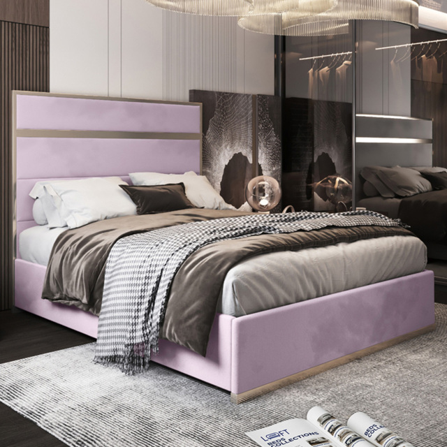 Bentley Pink Small Double Velvet Upholstered Metal Bed Frame with Panelled Headboard - image 1