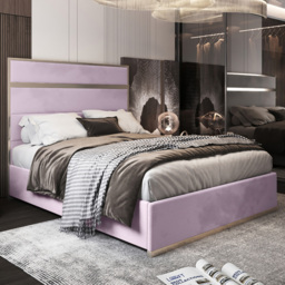 Bentley Pink Small Double Velvet Upholstered Metal Bed Frame with Panelled Headboard