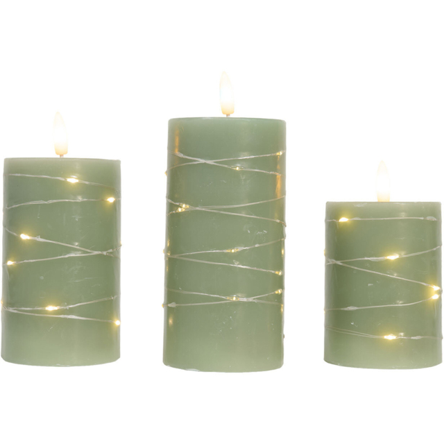 Set of 3 LED Pillar Candles with String Light Sage - image 1