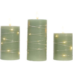 Set of 3 LED Pillar Candles with String Light Sage