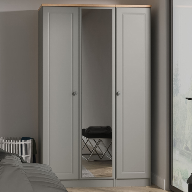 Crowndale Norfolk Dusk Grey and Bardolino Oak 3 Door Mirror Wardrobe Ready Assembled - image 1