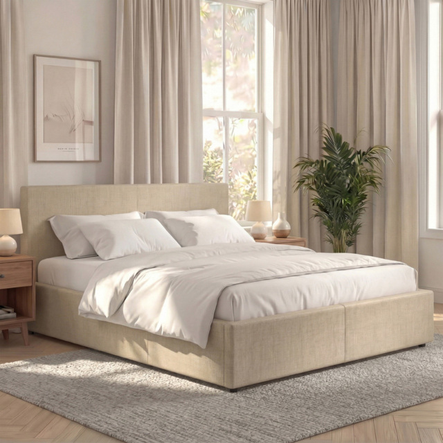 VIDA DESIGNS Veronica Beige Linen Double Ottoman Bed with Padded Headboard - image 1