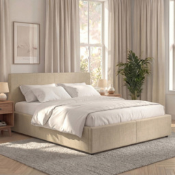 VIDA DESIGNS Veronica Beige Linen Double Ottoman Bed with Padded Headboard