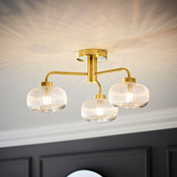 ValueLights Amaia Gold 3 Way Clear Ribbed Glass LED Ceiling Light - thumbnail 2