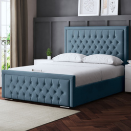 DS Living Allegra Small Double Blue Upholstered Ottoman Bed with Headboard