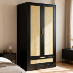 Langham 2 Door Single Drawer Black Rattan Fluted Wardrobe